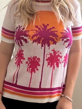 Trina Turk Sunset Knit Jacquard Mirage Crew Short Sleeve Palm Tree Cotton Top
